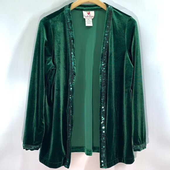 Quacker Factory Size M Green Velour Sequin Two Piece Set Top & Cardigan Artsy - Picture 4 of 12